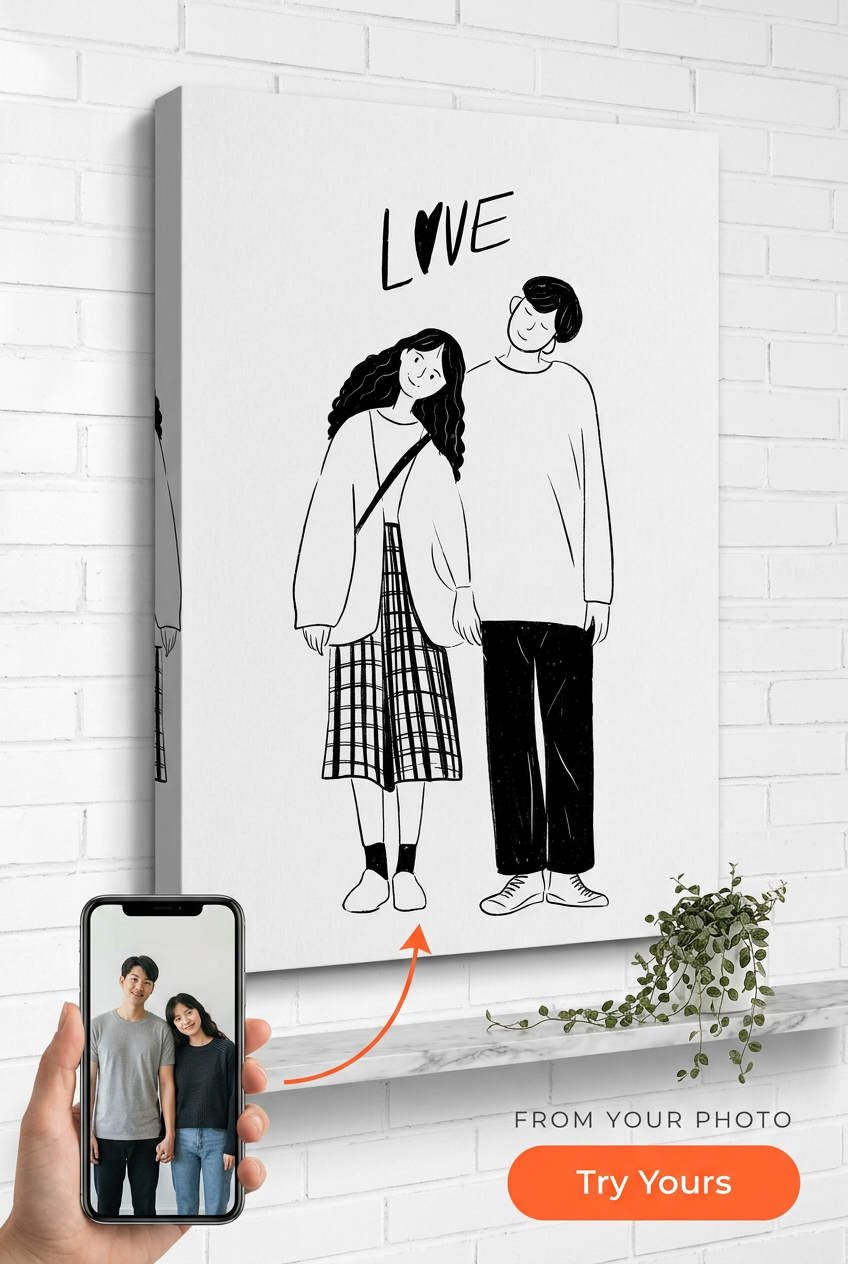 Custom Couple Portrait — Whimsical Line Art Canvas from Photo