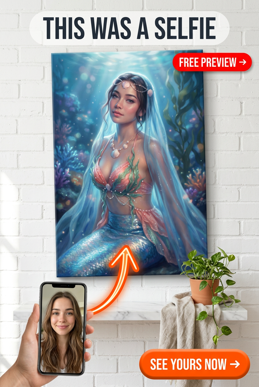 Custom Fantasy Woman Portrait — Whimsical Mermaid Canvas from Photo