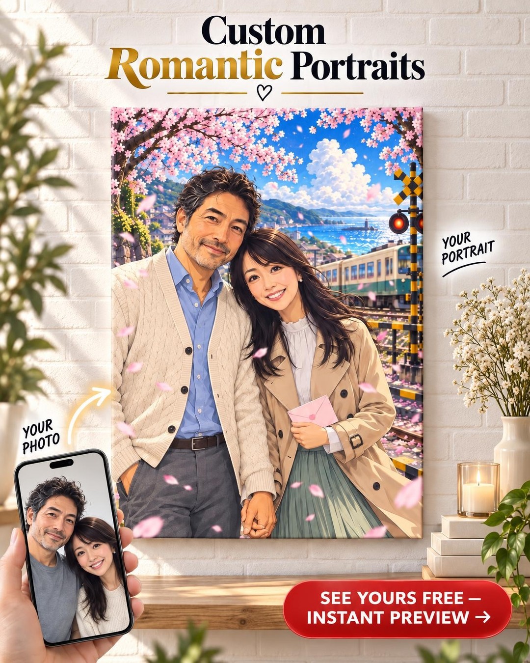 Cherry Blossom Anime Couple Custom Portrait from Photo | Personalized Anime Cosplay Gift