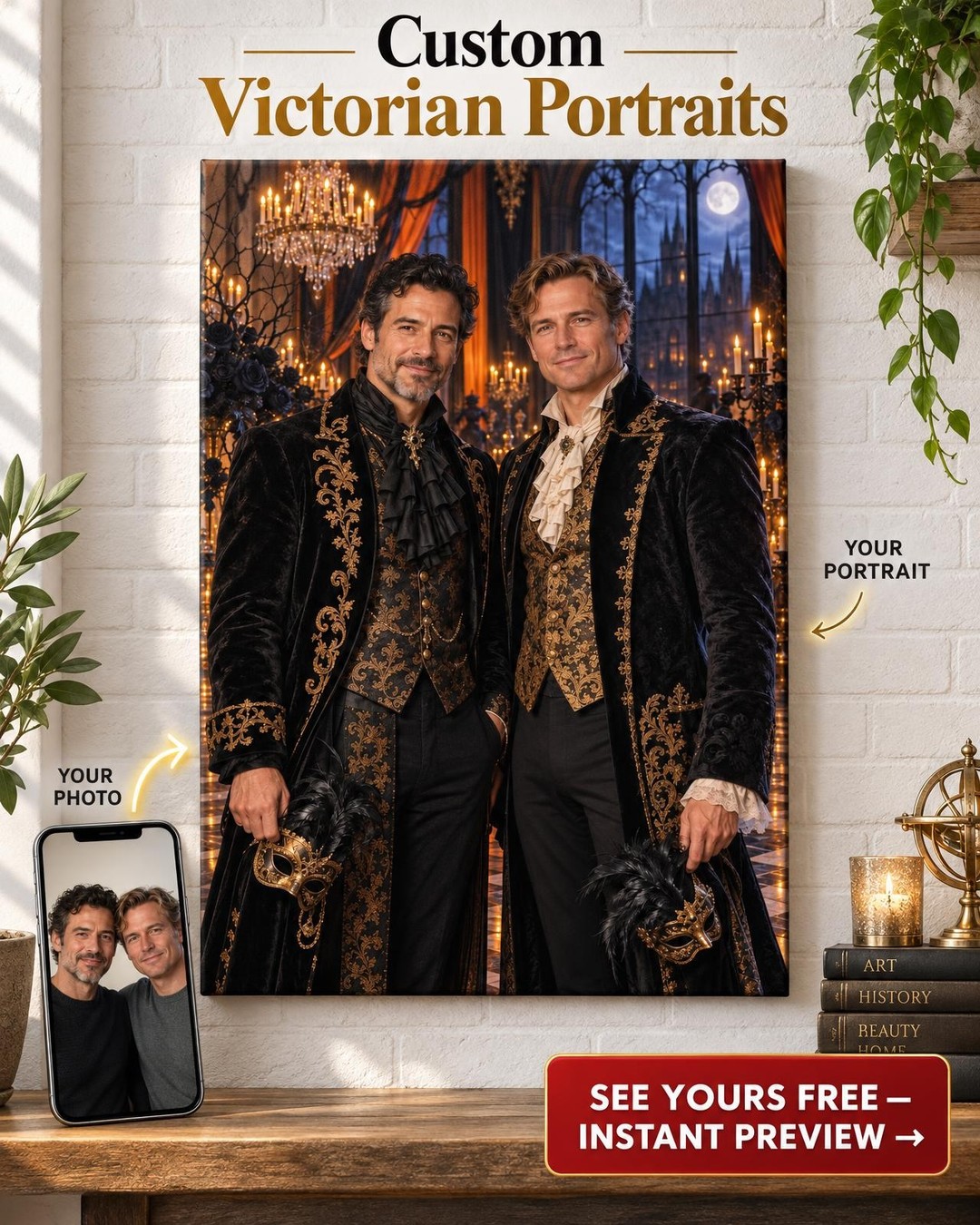 Gothic Masquerade Ball Custom Portrait from Photo | Personalized Gift for Two Men