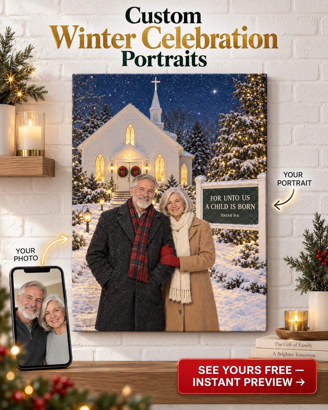 Christmas Eve Church Couple Custom Portrait from Photo with Bible Verse | Personalized Faith Family Gift
