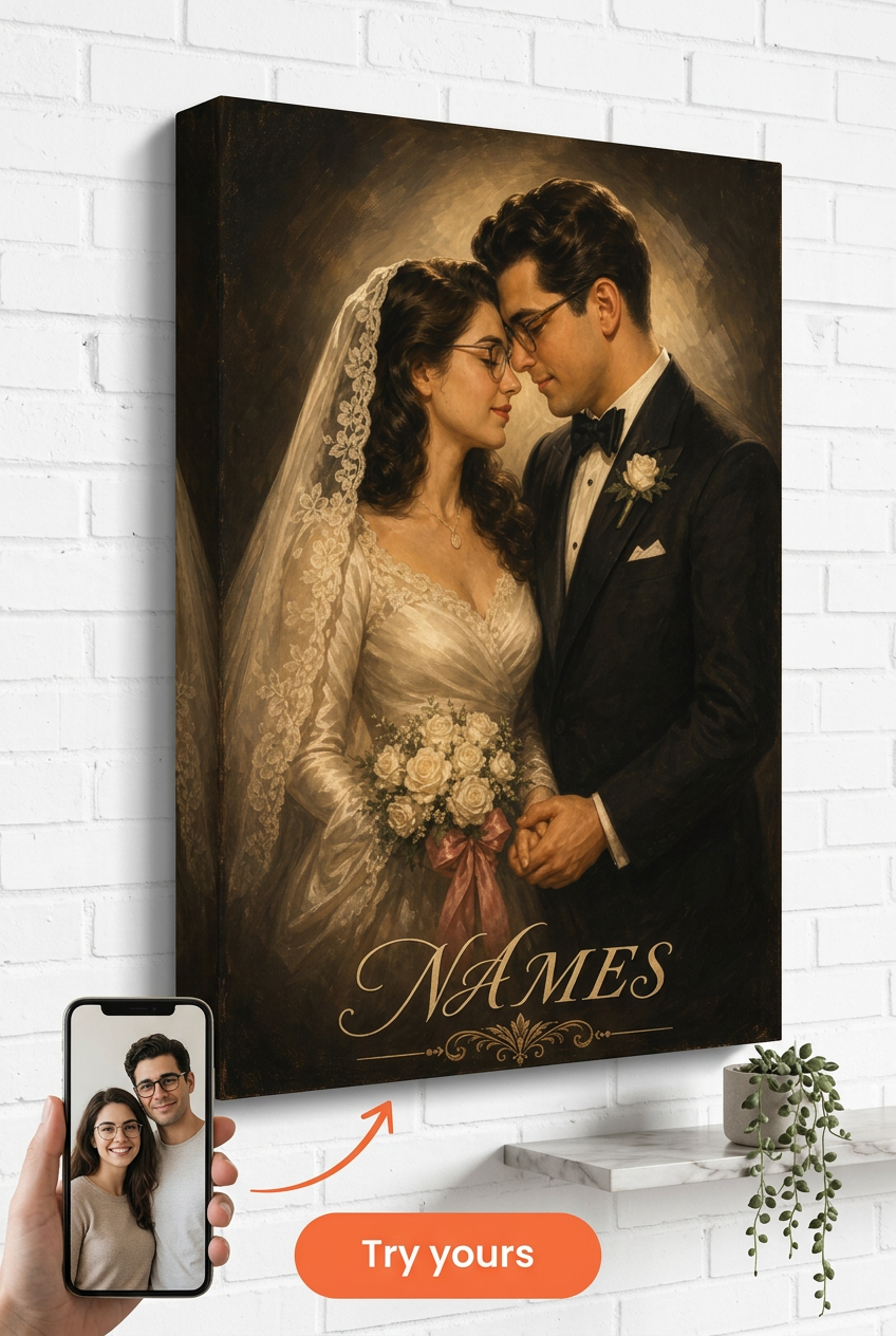 Custom 1940s Hollywood Wedding Couple Portrait from Photo | Personalized Undefined Gift