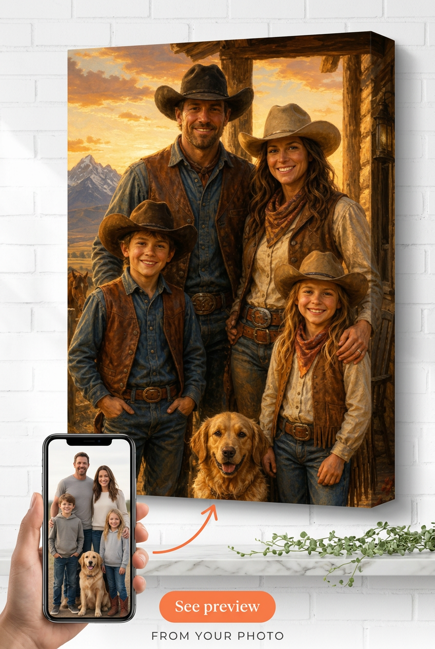 Custom Cowboy Family Portrait — Festive Western Canvas from Photo