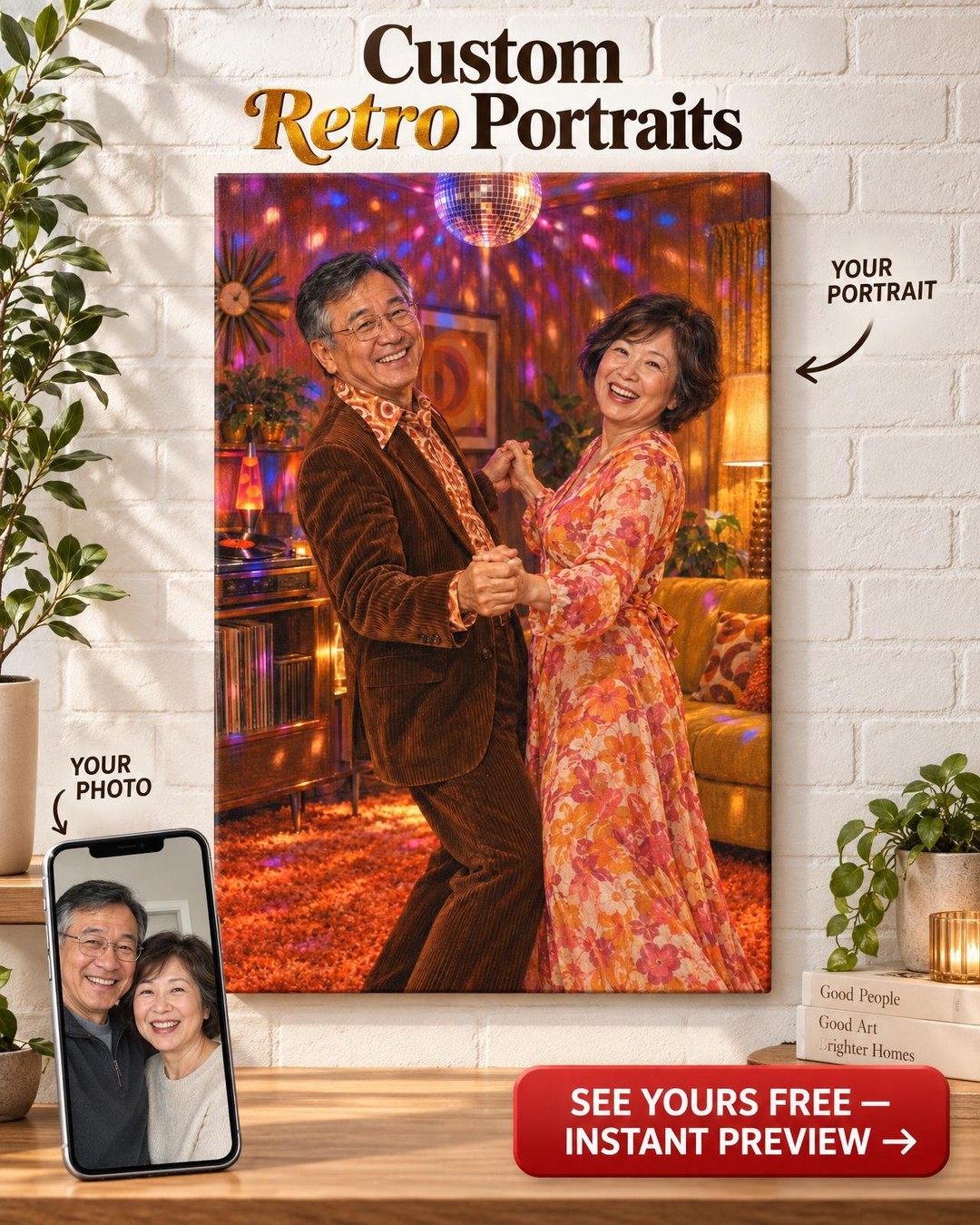 Saturday Night Home Disco Couple Custom Portrait from Photo | Personalized Disco Portrait Gift