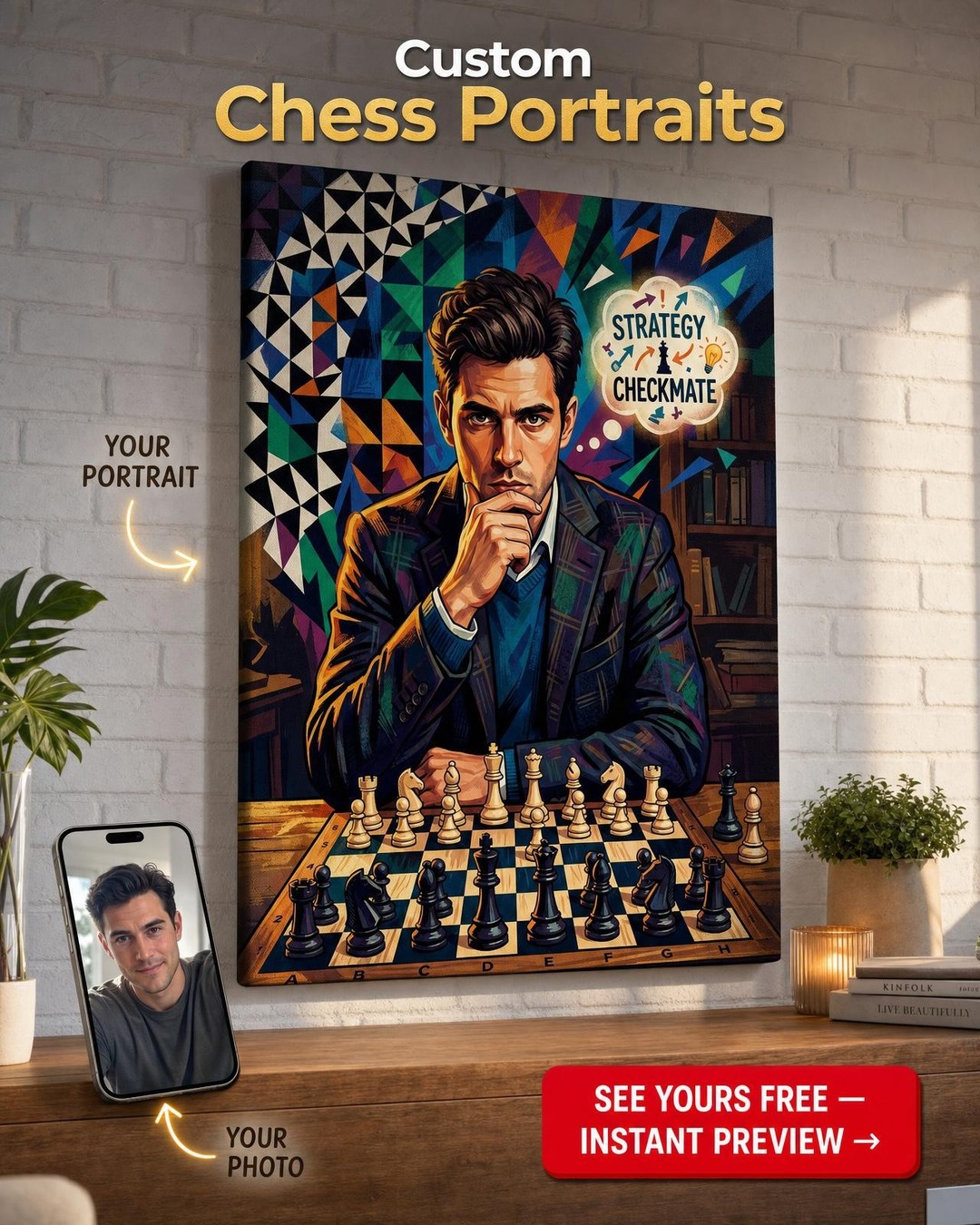Custom Pop Art Man Portrait — Whimsical Chessboard Canvas