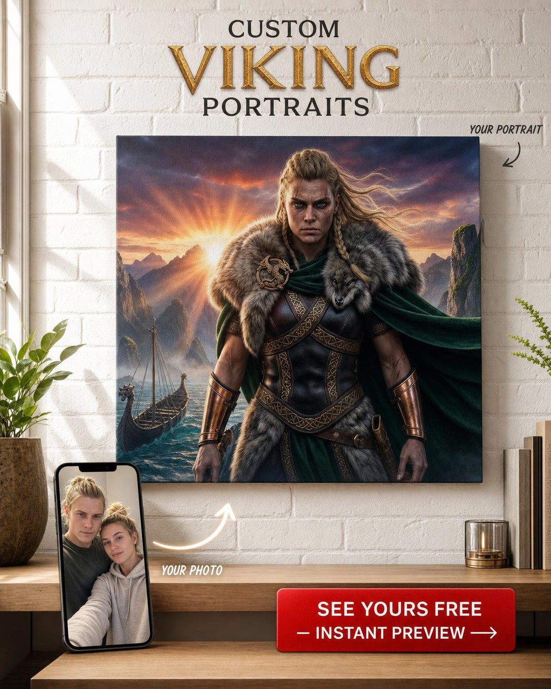 Custom Viking Man Portrait — Regal Warrior from Photo Canvas