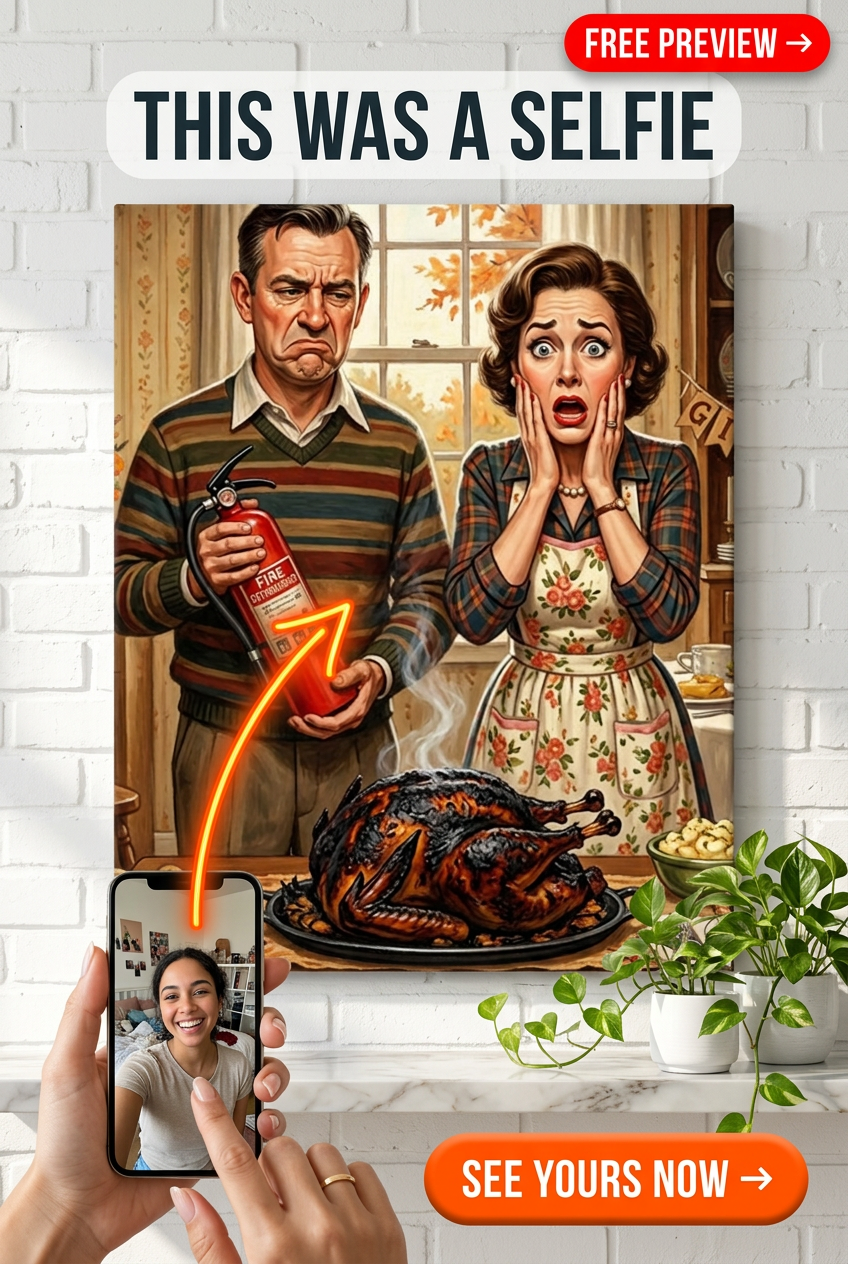 Custom Thanksgiving Couple Portrait — Whimsical Kitchen Chaos Canvas