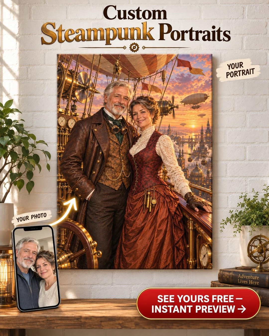 Steampunk Airship Couple Custom Portrait from Photo | Personalized Steampunk Airship Gift