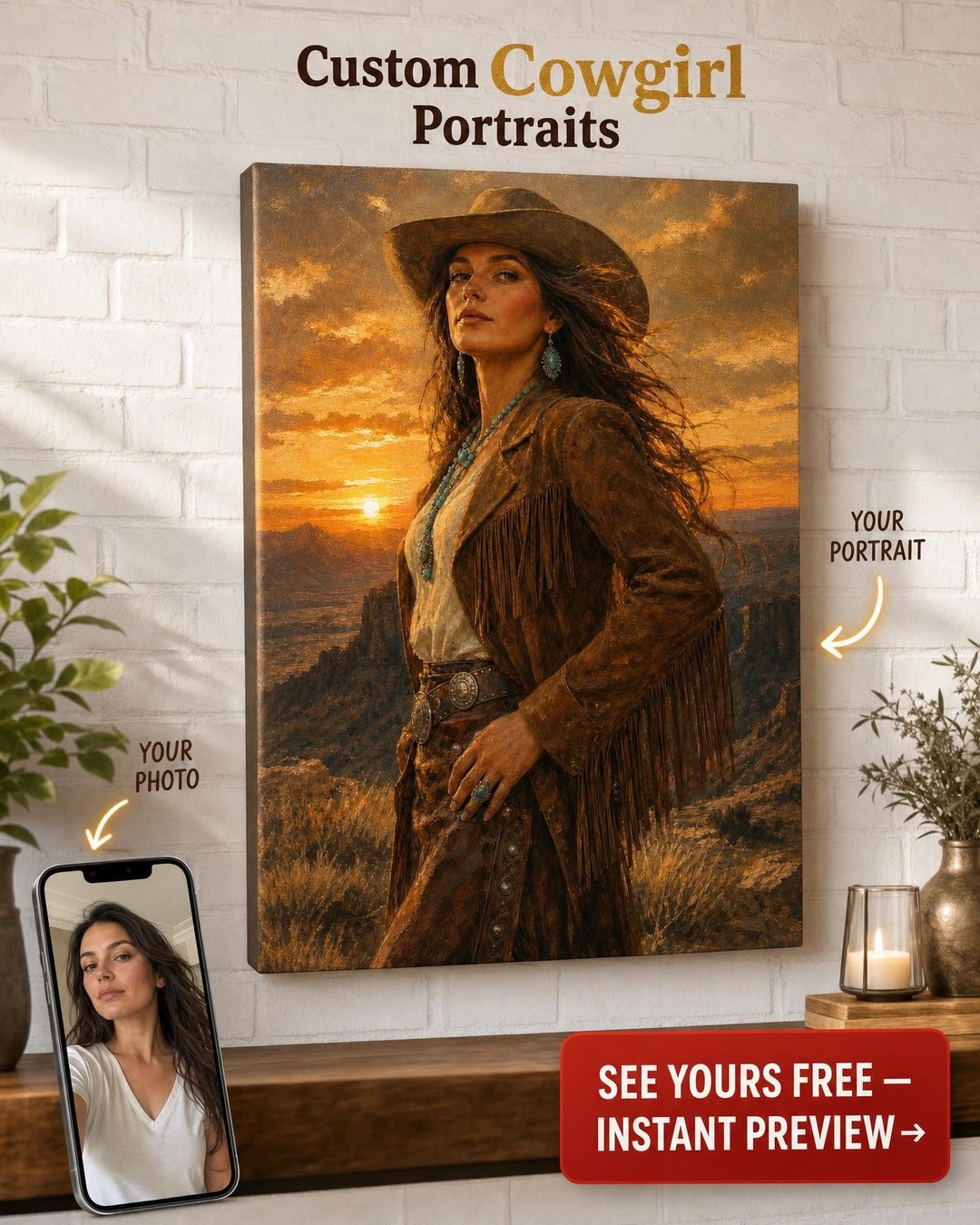 Cowgirl of the High Plains Custom Portrait from Photo | Personalized For Her Gift