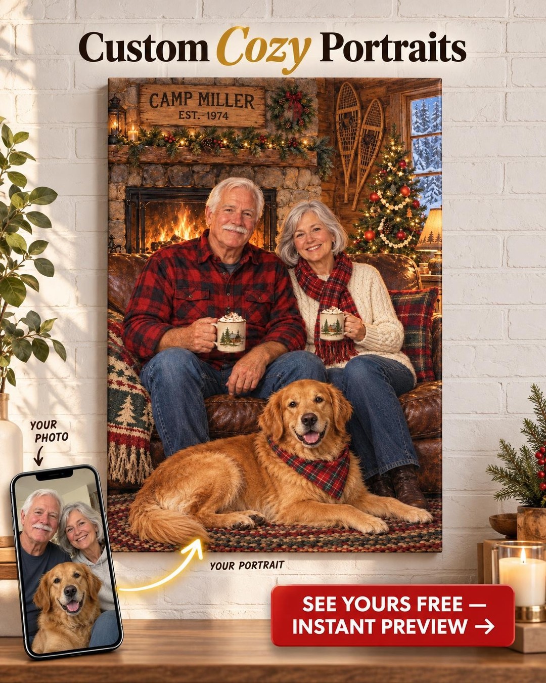 Christmas at the Hunting Cabin Custom Portrait from Photo | Personalized Hunting Camp Gift