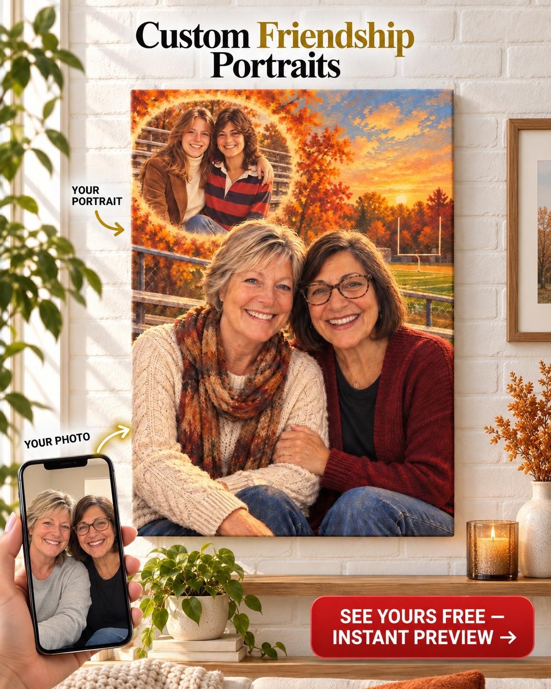 Then and Now Best Friends Custom Portrait from Photos | Personalized Friendship Anniversary Gift