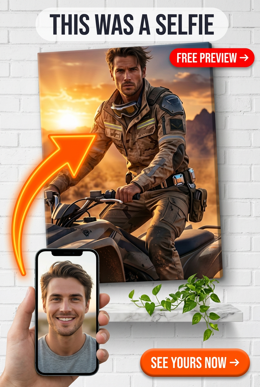 Custom Military Man Portrait — Heroic Motorcycle Sunset Canvas