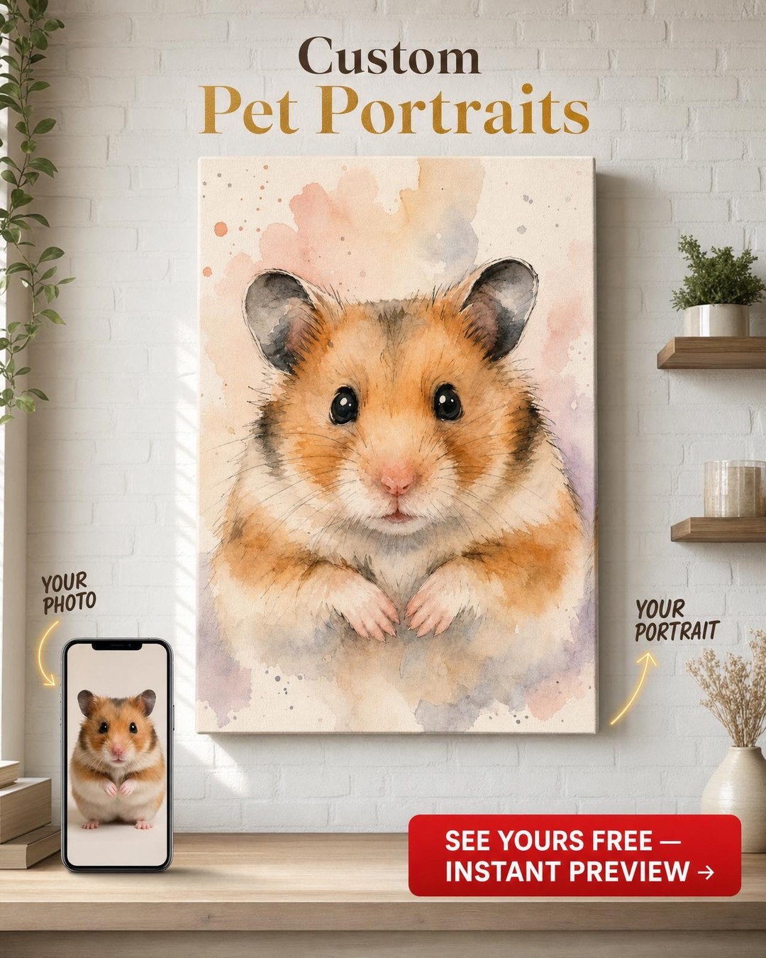 Custom Watercolor Pet Portrait — Whimsical Hamster Canvas from Photo