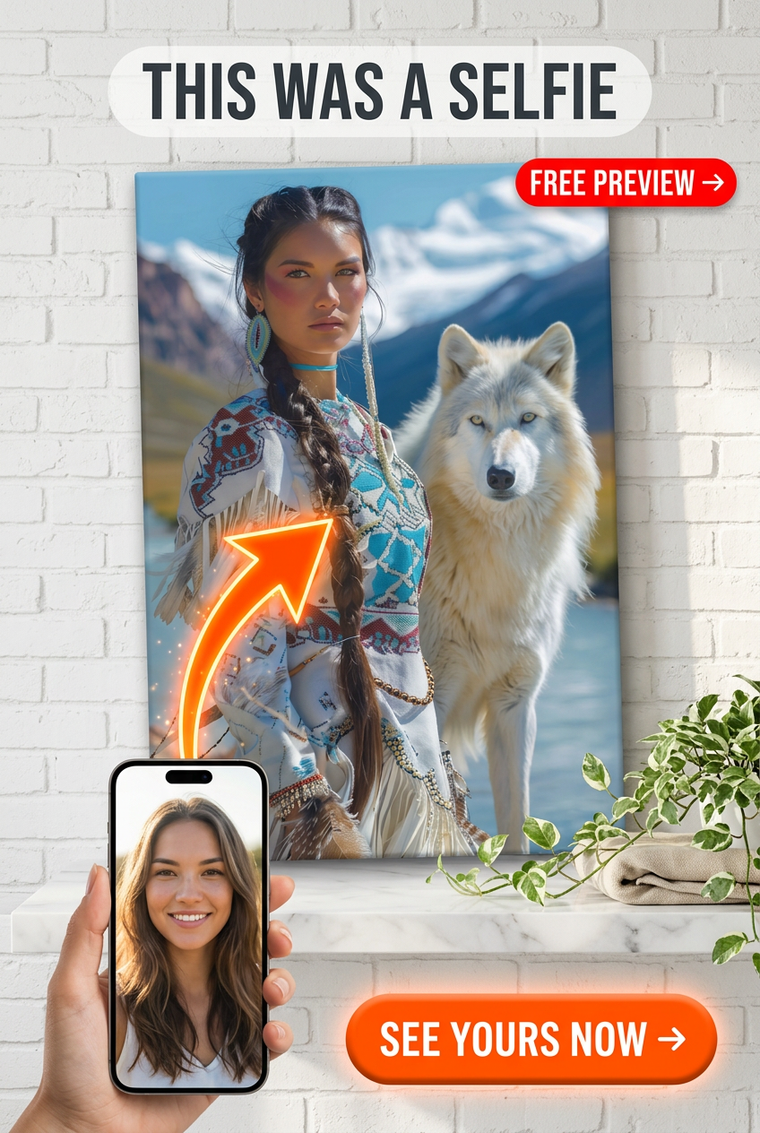 Custom Fantasy Woman Portrait — Whimsical Wolf & Mountain Canvas from Photo