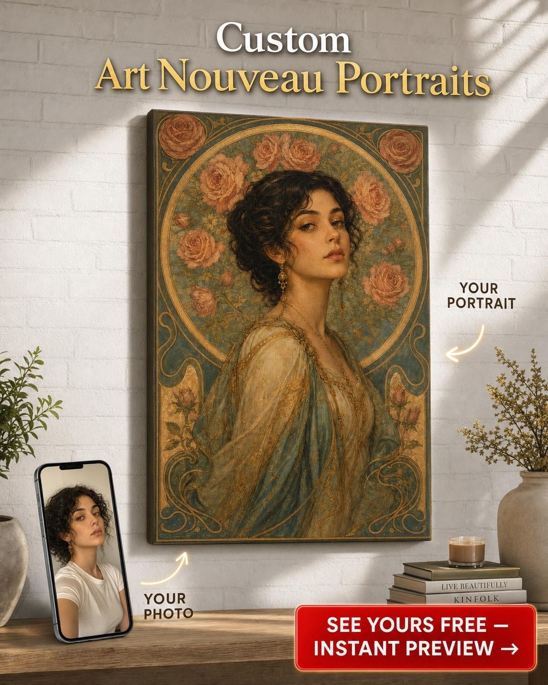 Rose Halo Art Nouveau Custom Portrait from Photo | Personalized Canvas Gift