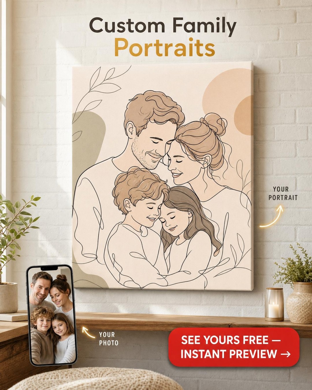 Minimalist Line Art Family Canvas — photoreal canvas with face-swap on a templat