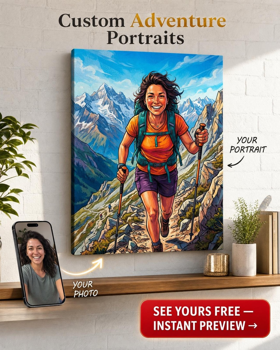 Custom Cartoon Hiker Portrait for Her