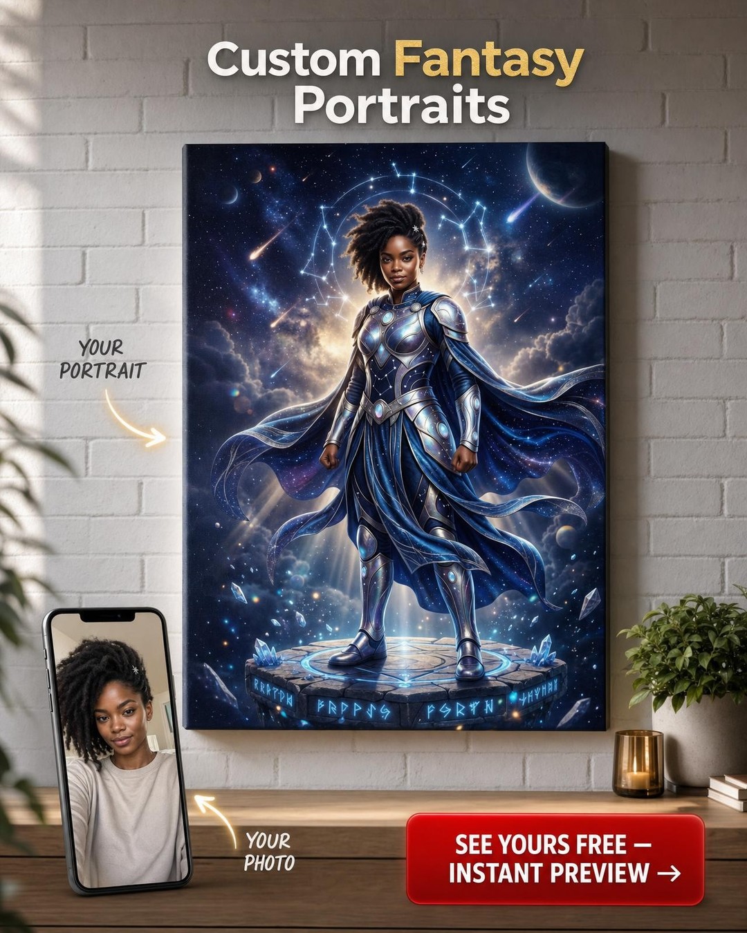 Custom Sci-Fi Man Portrait — Heroic Armor & Cosmic Lightning Canvas
