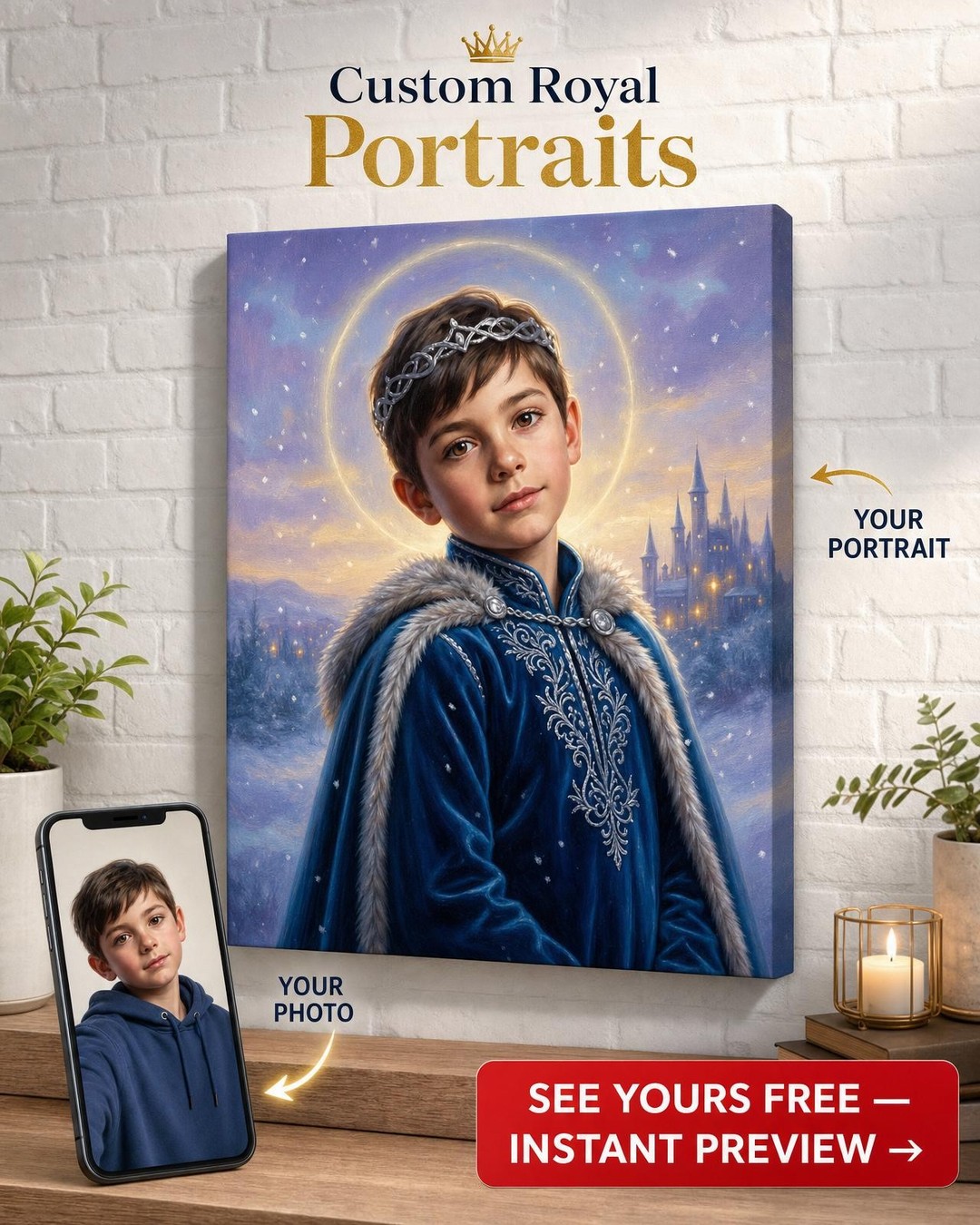 Custom Royal Boy Portrait — Regal Castle Canvas from Photo
