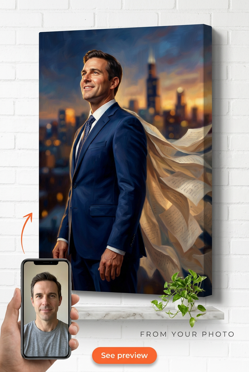Custom Superhero Man Portrait — Heroic City Skyline Canvas