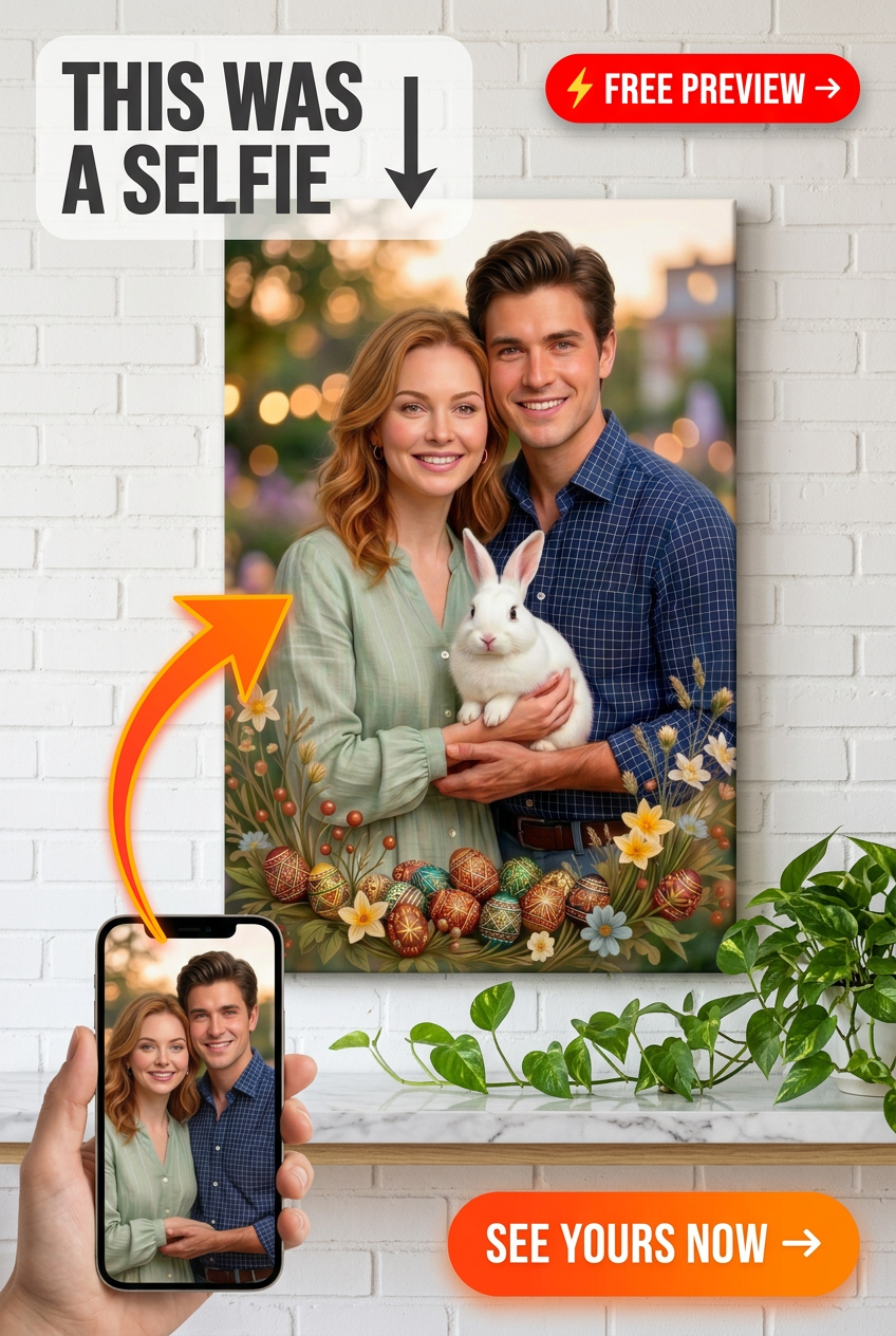 A heartwarming portrait featuring a joyful couple and their adorable white rabbi - Best Christmas Gift: Personalized Portrait Canvas - PortraitGift