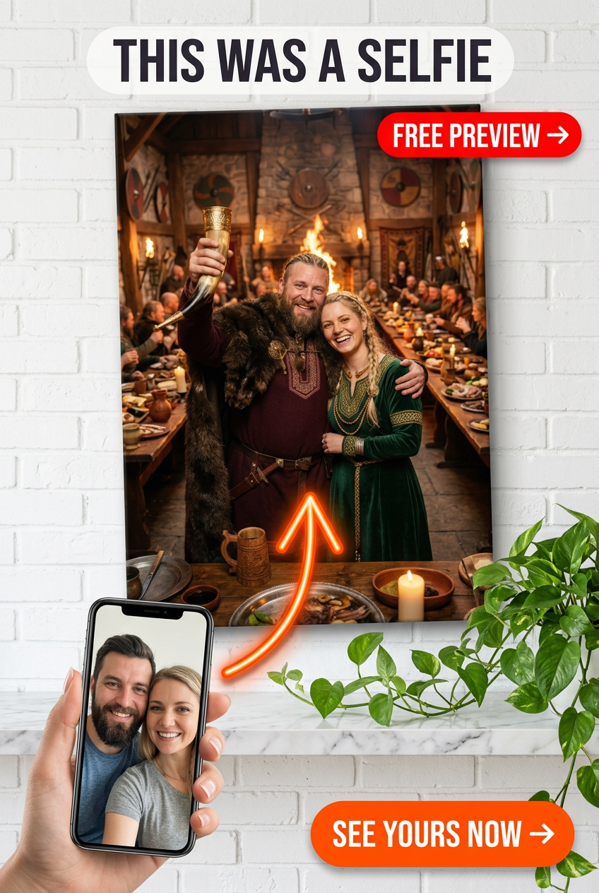 Custom Viking Couple Portrait — Festive Feast Hall Canvas
