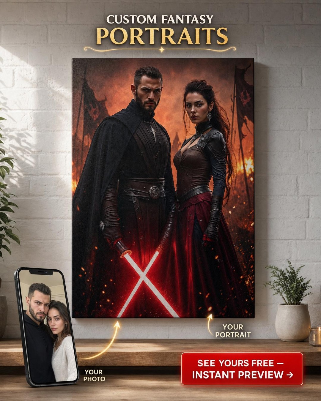Custom Sci-Fi Couple Portrait — Heroic Lightsaber Canvas