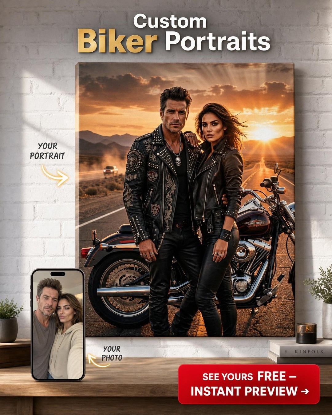 Custom Cowboy Couple Portrait — Romantic Motorcycle Canvas
