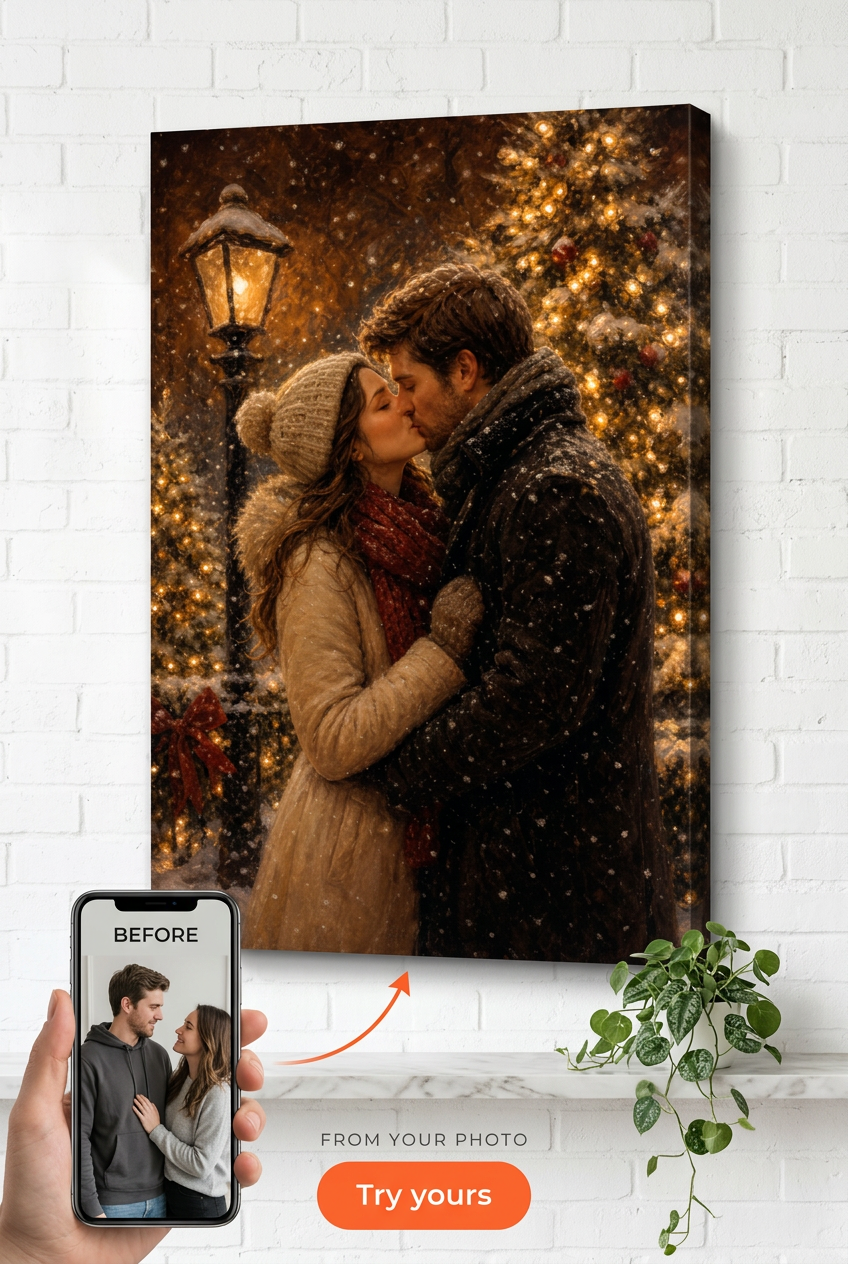 Custom Christmas Couple Portrait — Romantic Snowy Kiss Canvas