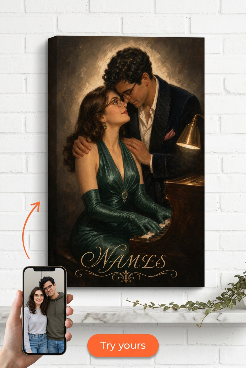 Custom 1940s Hollywood Piano Couple Portrait from Photo | Personalized Undefined Gift