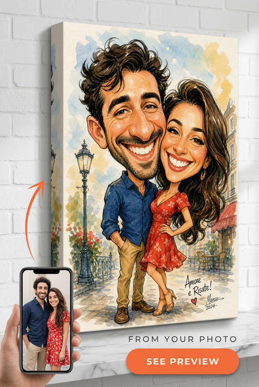 Custom Caricature Couple Portrait — Romantic City Date from Photo