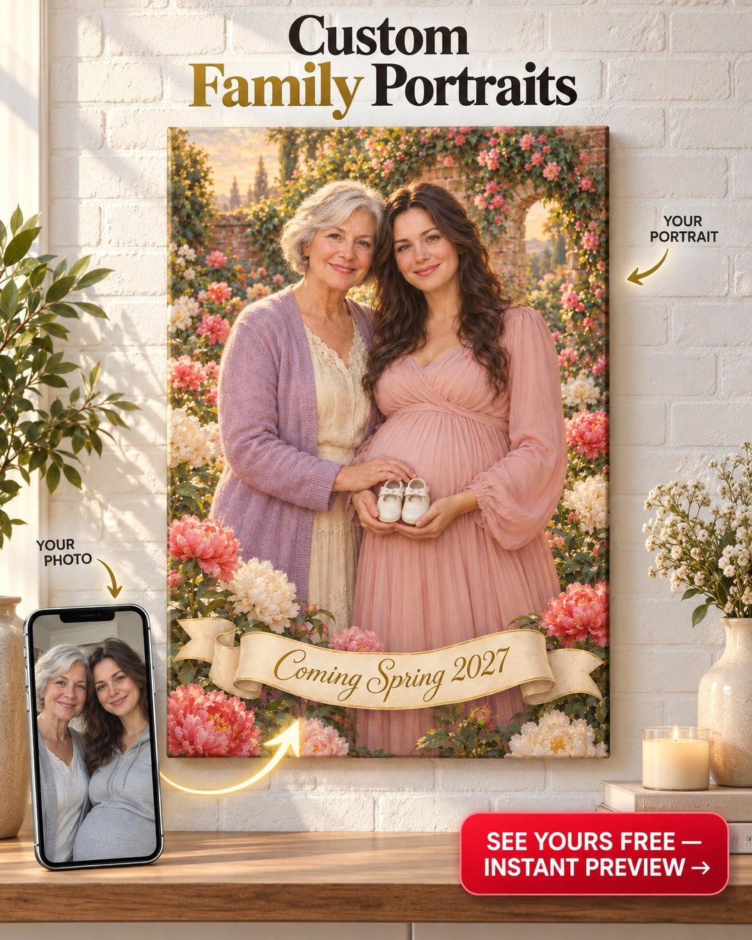 Grandma-to-Be Maternity Custom Portrait from Photo | Mother and Daughter Gift
