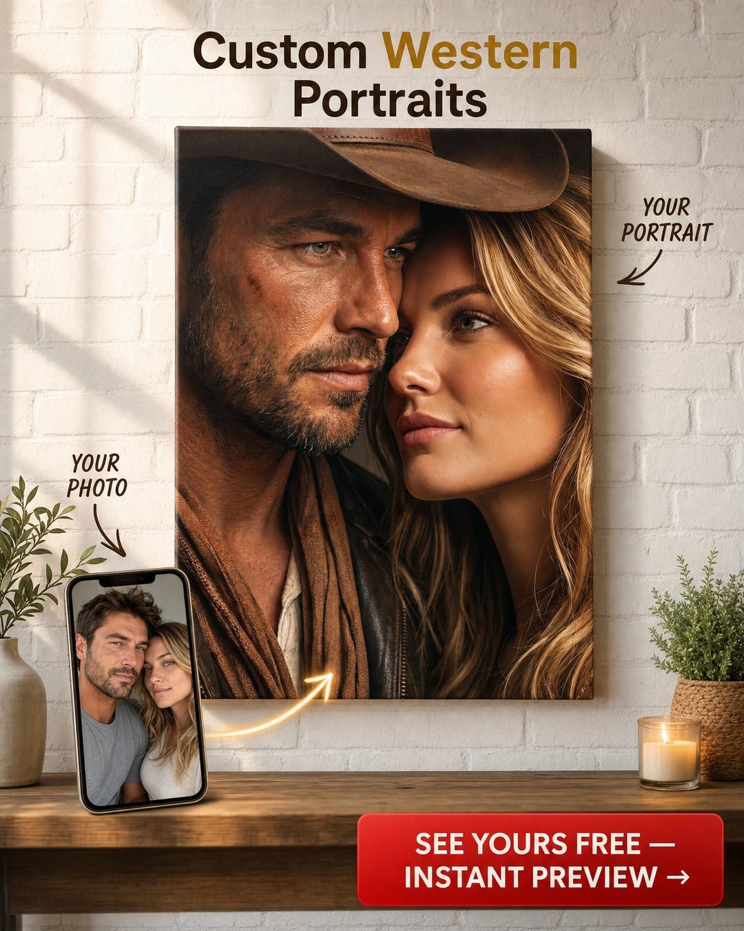 Custom Cowboy Couple Portrait — Romantic Western Canvas