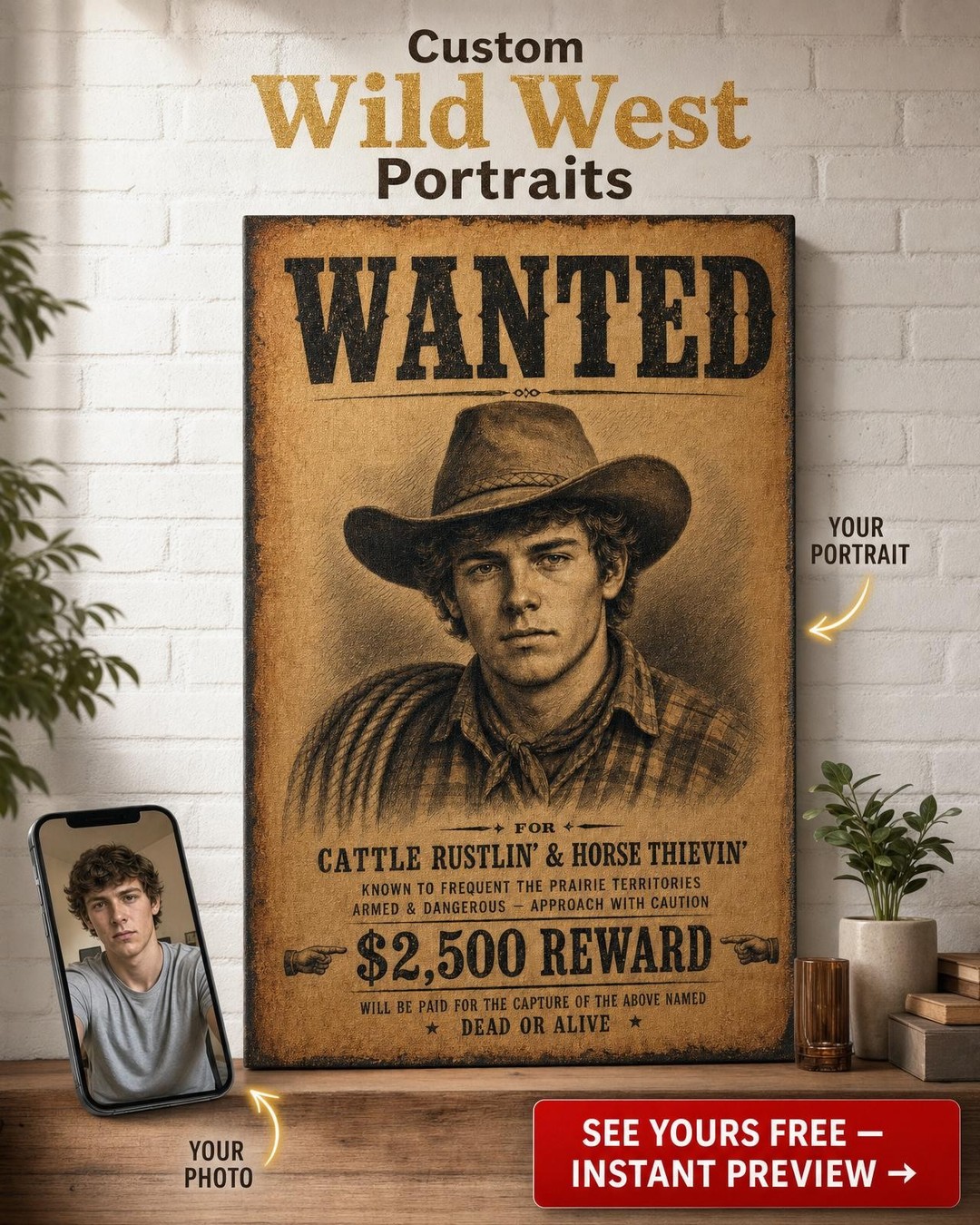 Cattle Rustler Wanted Poster Custom Portrait from Photo | Personalized Canvas Gift
