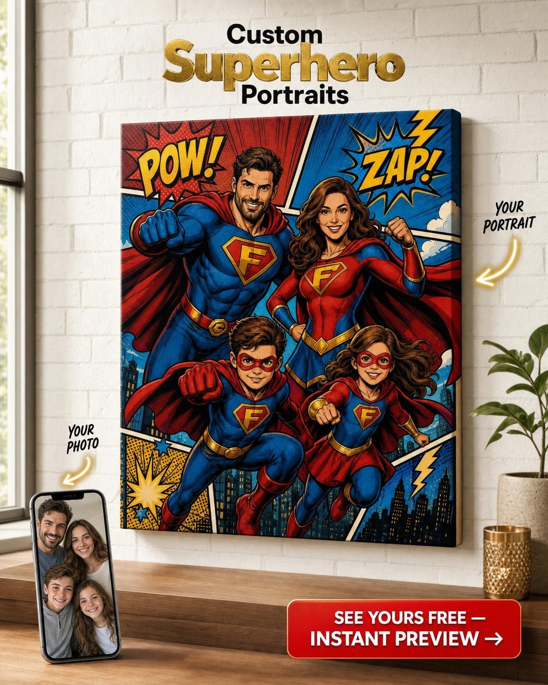 Custom Comic Book Family Portrait — AI-regenerated portrait personalized with na