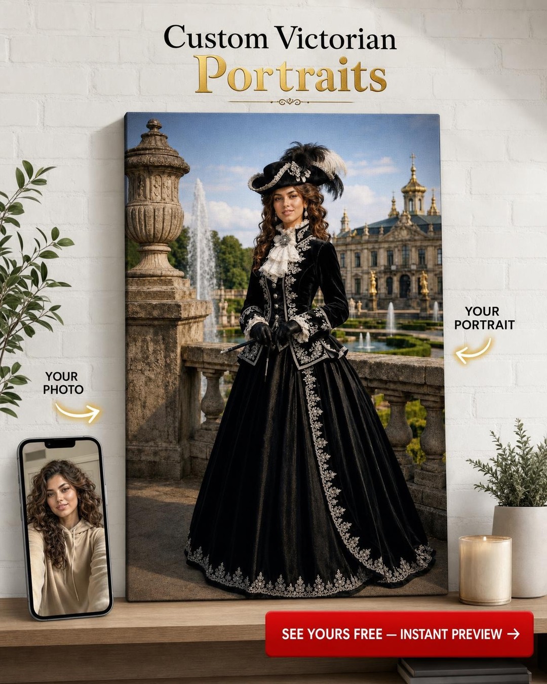 Versailles Black Gown Custom Portrait from Photo | Personalized Gift