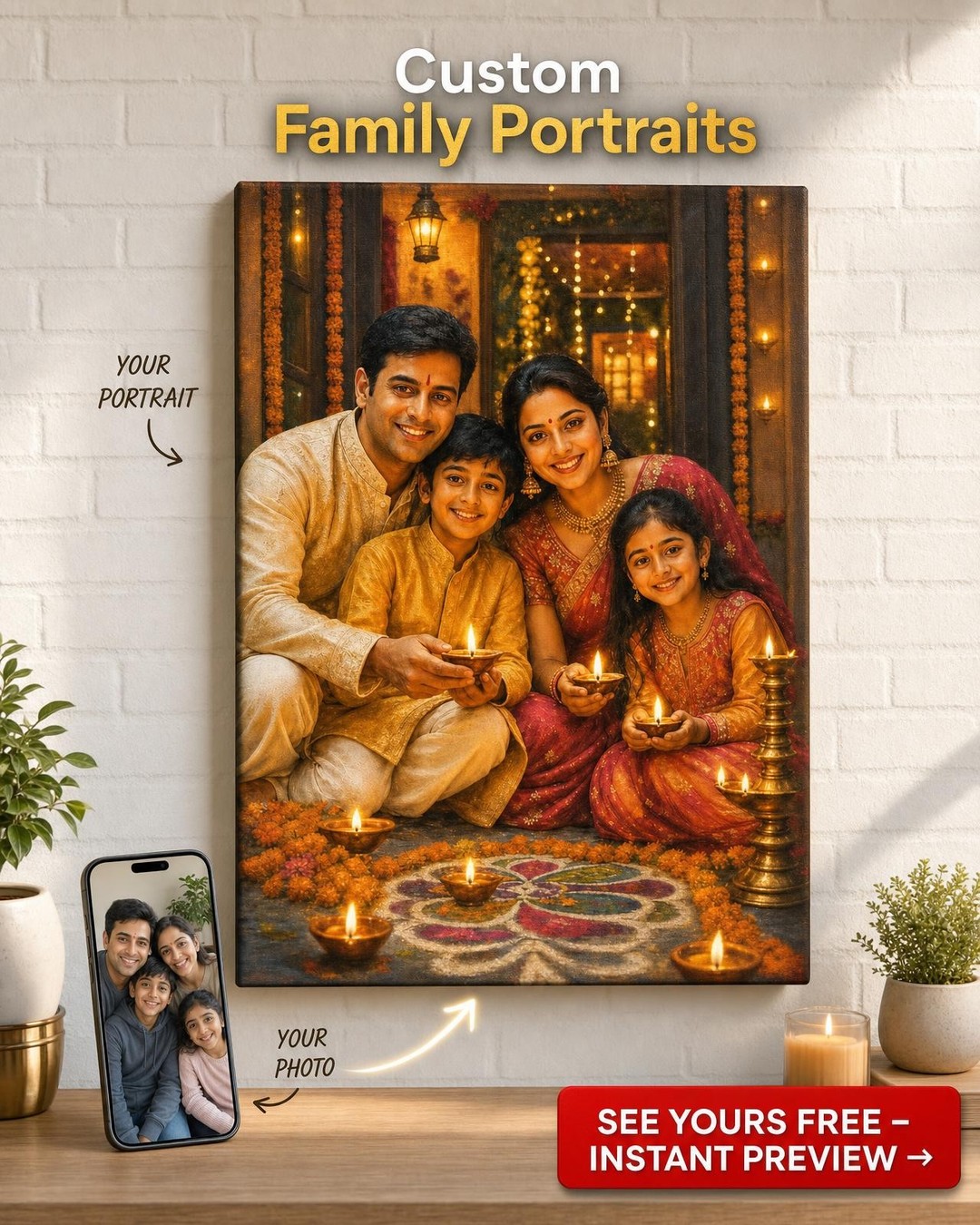 Family Diwali Portrait Custom Portrait from Photo | Personalized Canvas Gift