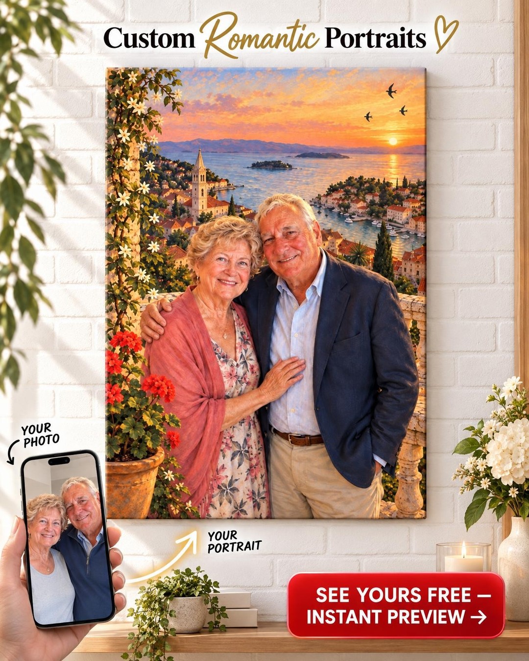 The Balcony at Sunset Custom Couple Portrait from Photo | Hometown Anniversary Gift