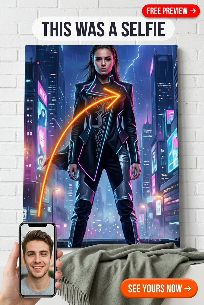 Custom Cyberpunk Man Portrait — Heroic Neon Warrior Canvas