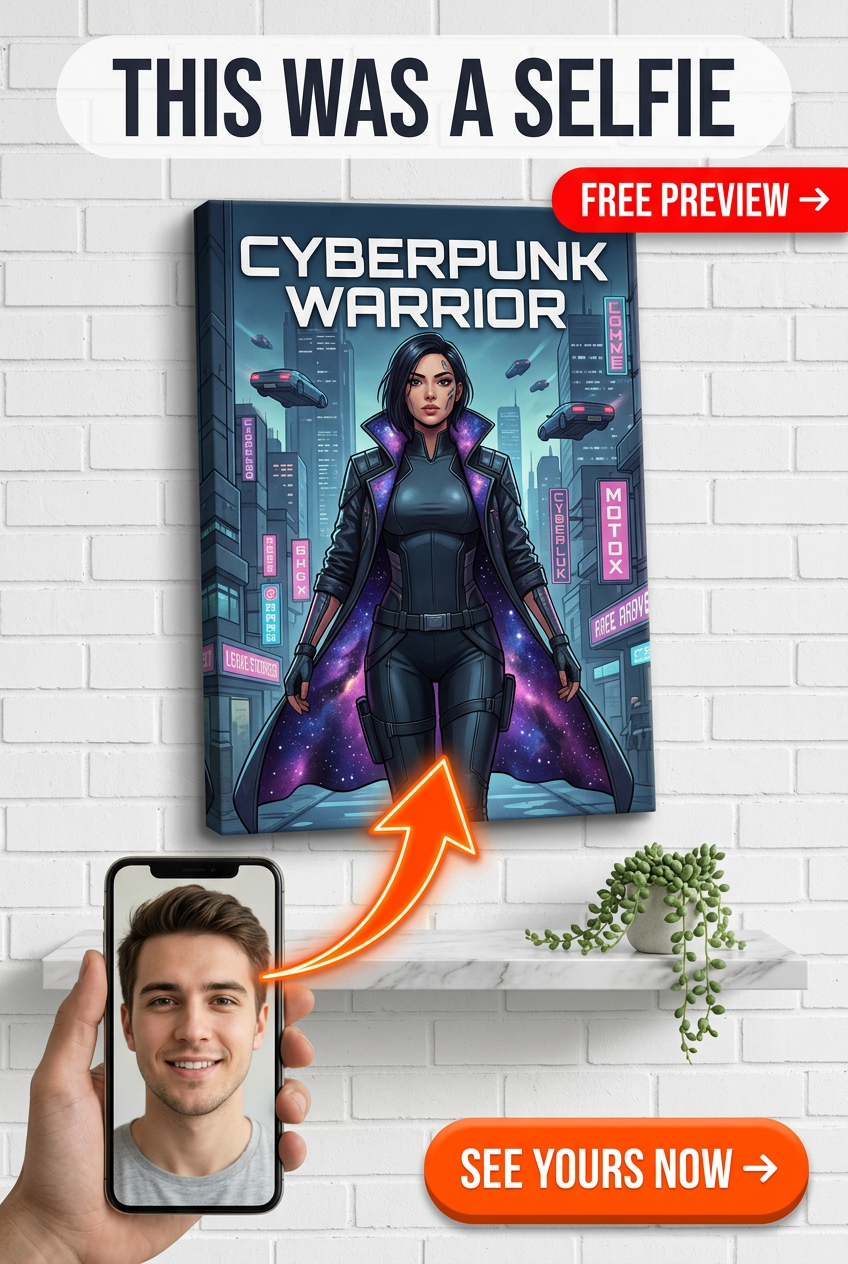 Custom Cyberpunk Man Portrait — Heroic Neon Cityscape Canvas