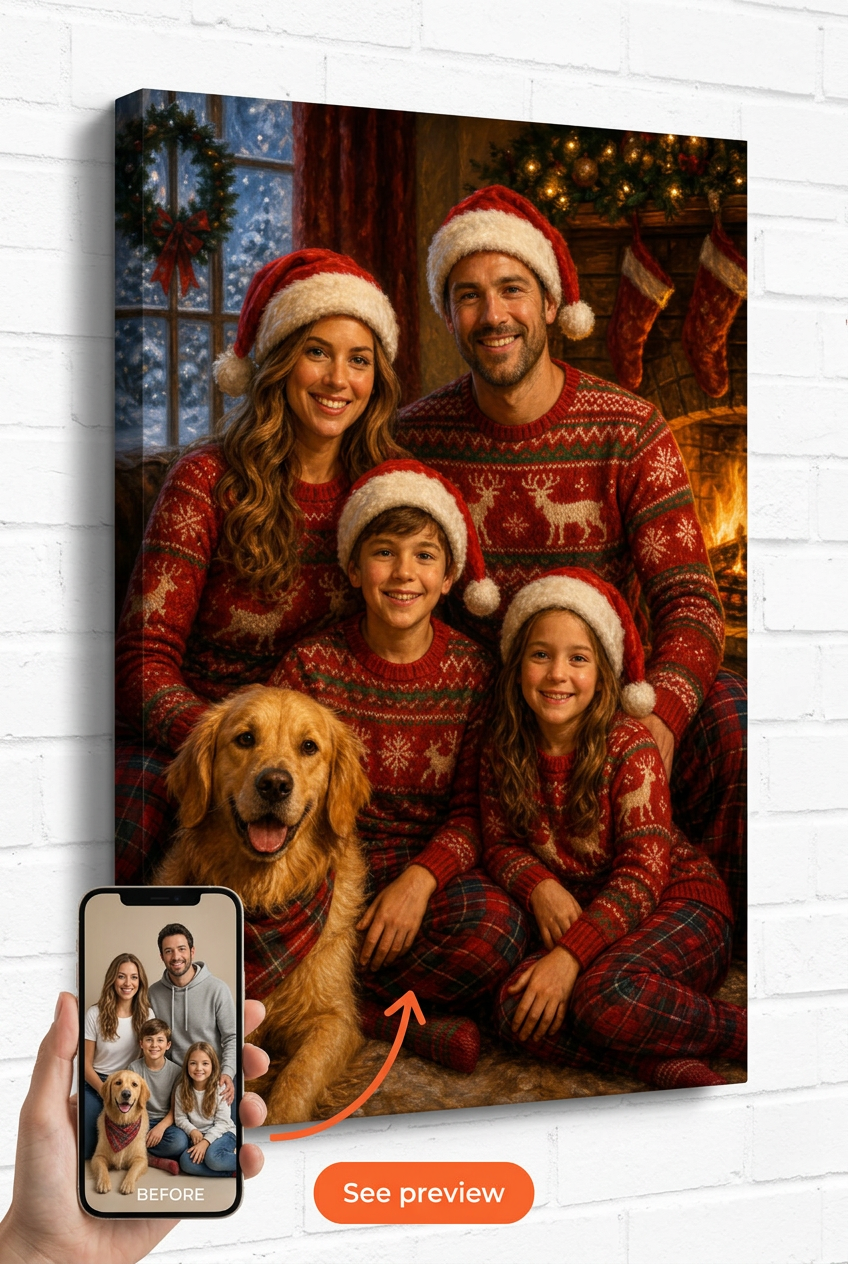 Custom Christmas Family Portrait — Whimsical Fireplace Canvas