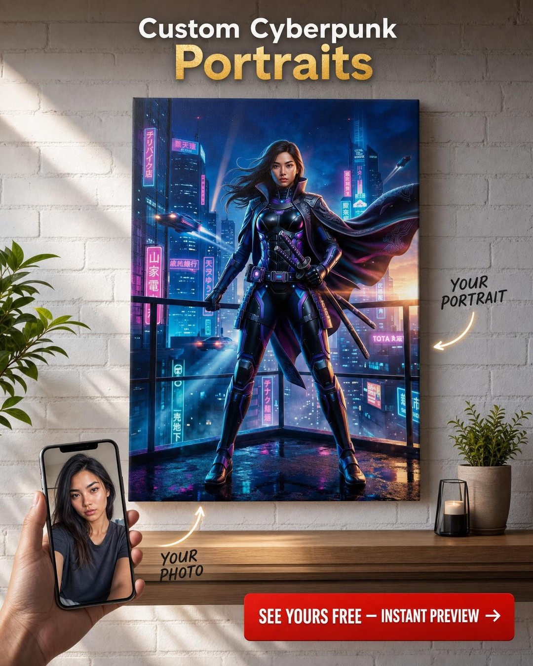 Custom Cyberpunk Man Portrait — Neon Samurai Canvas for Women