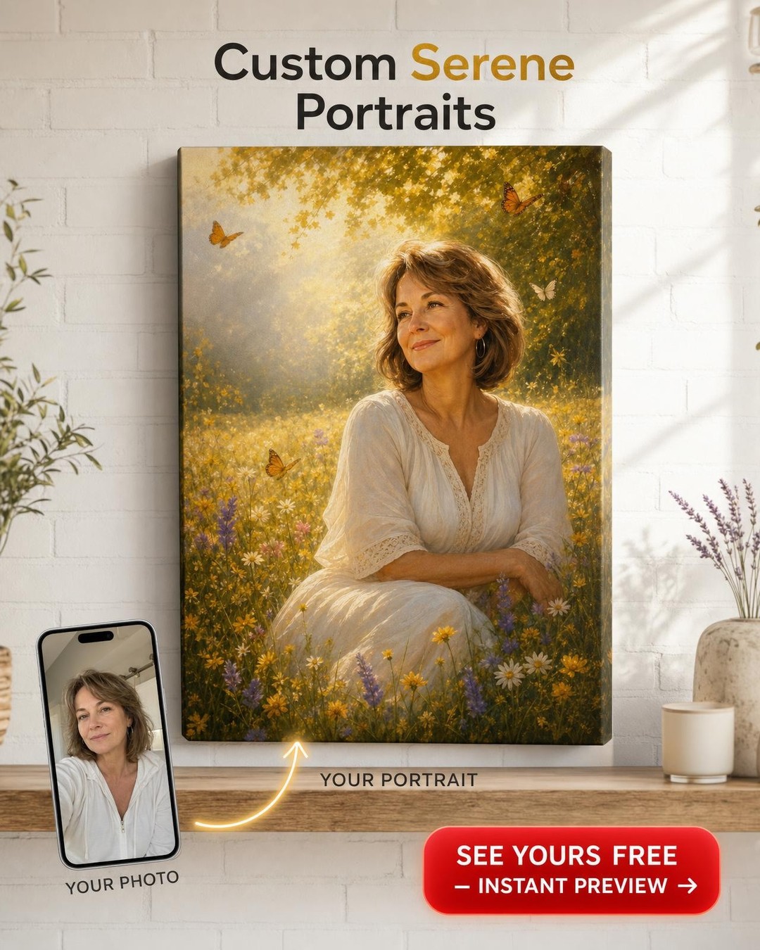 Custom Memorial Woman Portrait — Serene Flowers Canvas from Photo