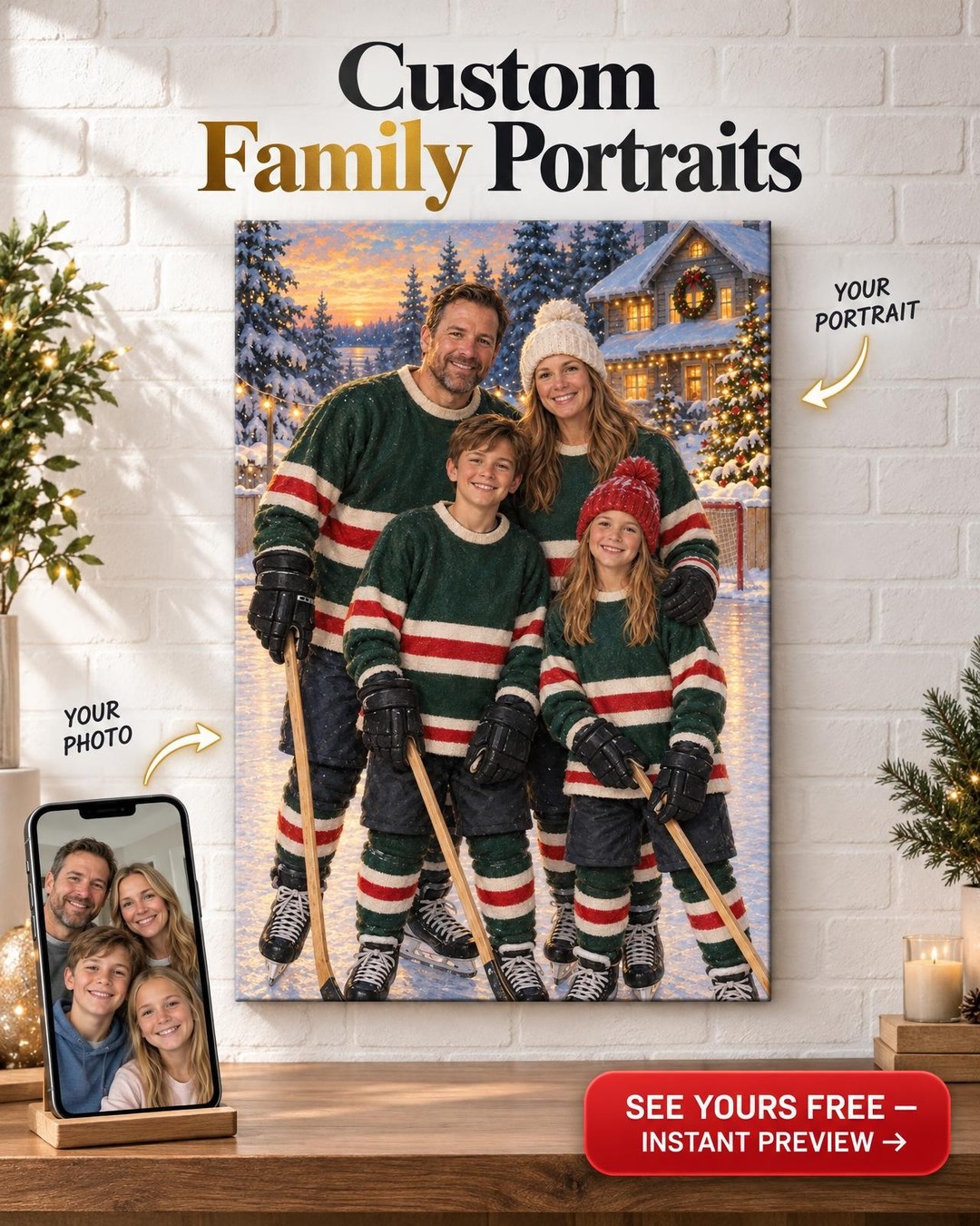 Hockey Family Christmas Portrait Custom Portrait from Photo | Personalized Hockey Portrait Gift