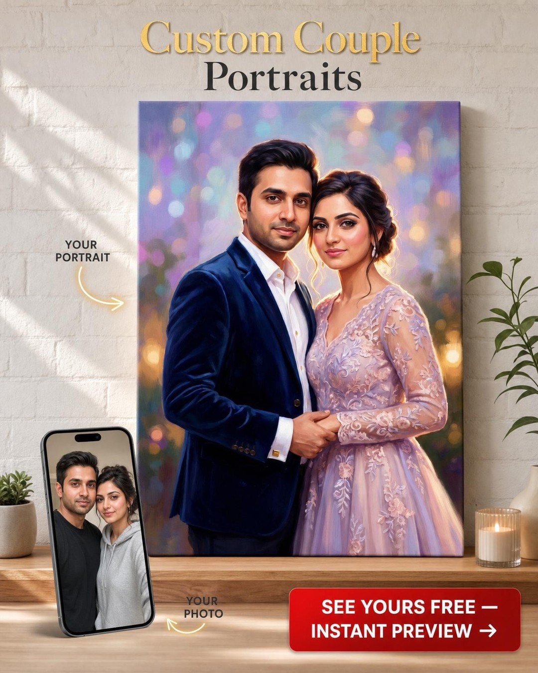 Bespoke Wedding Couple Portrait Canvas