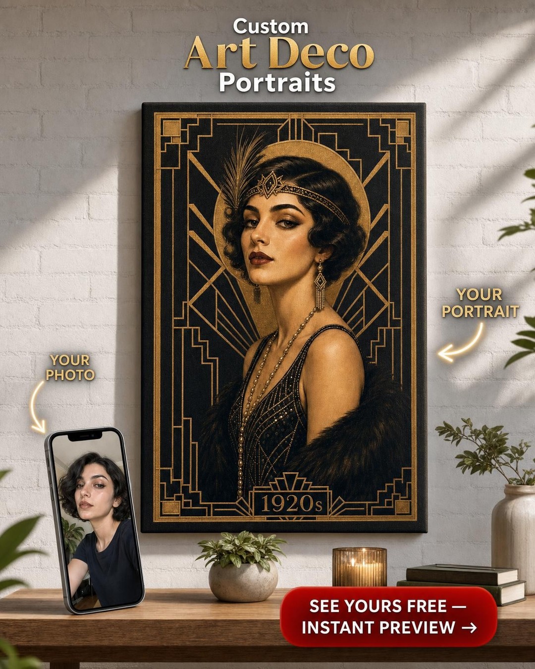 Black & Gold Art Deco Custom Portrait from Photo | Personalized Canvas Gift