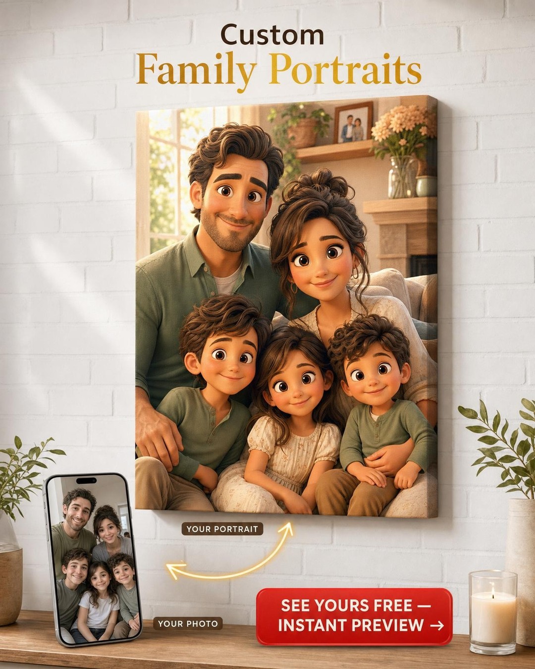 Custom Pixar-Style Family Portrait — Animated Canvas from Photo