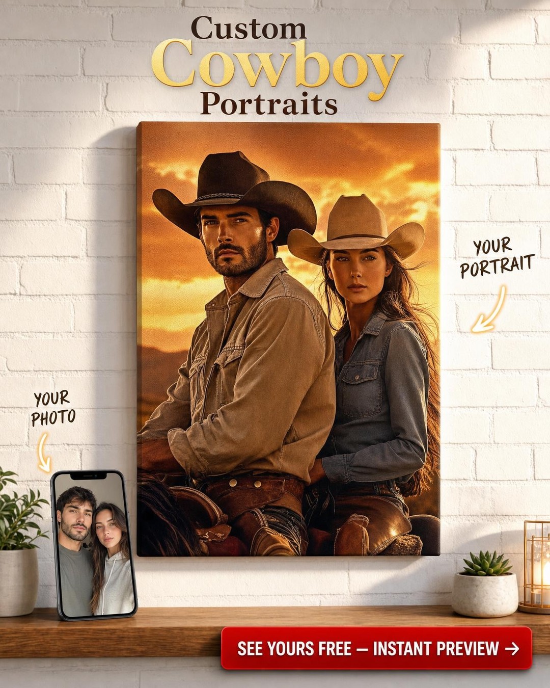 Custom Cowboy Couple Portrait — Romantic Western Canvas
