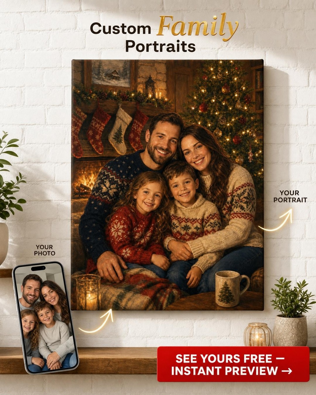Custom Christmas Family Portrait — Cozy Fireplace Scene from Photo
