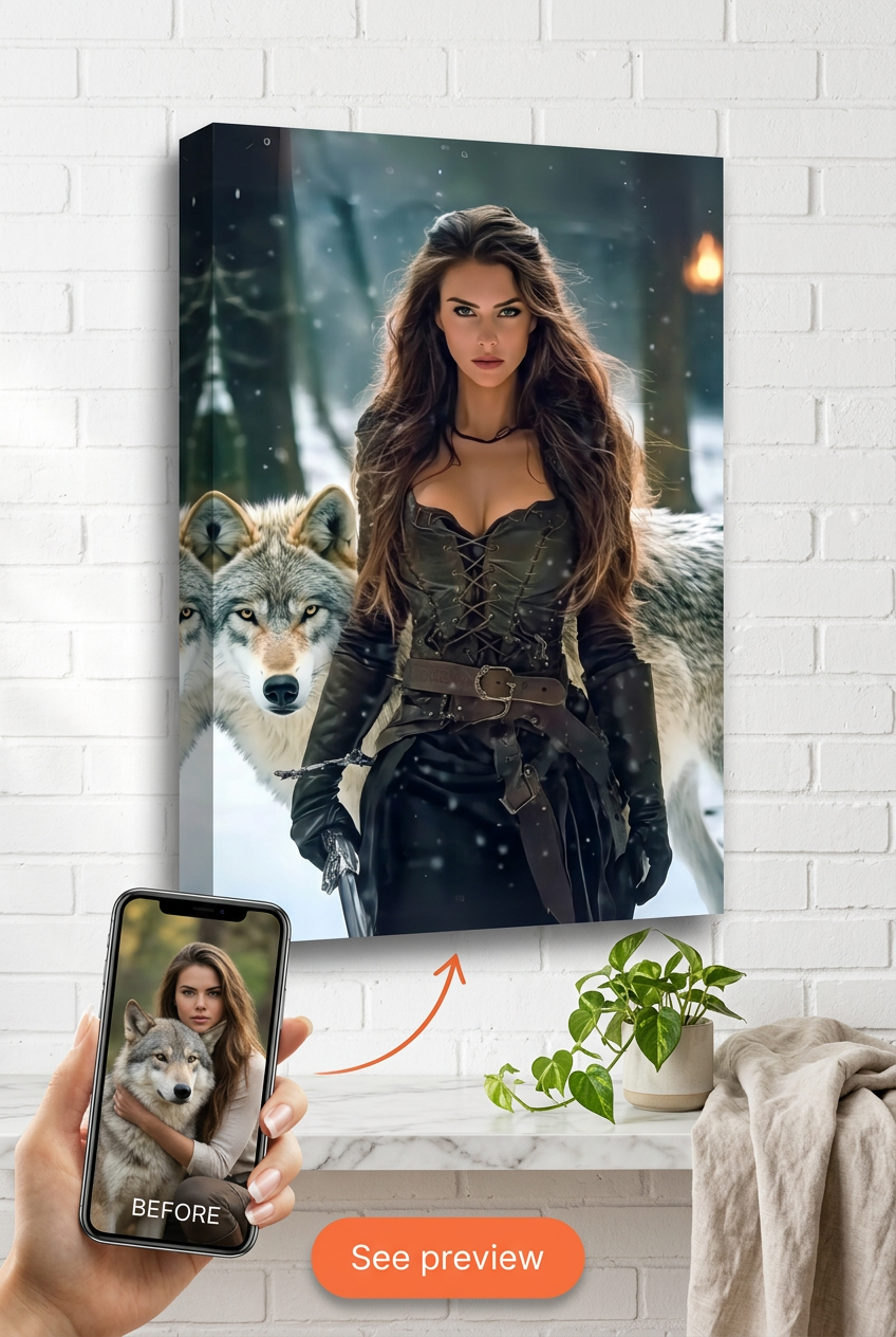 Wolf Warrior Woman Portrait | Custom Fantasy Artwork with Your Photos
